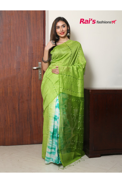 Handspun Matka Silk Saree With Shibori Print Pleats With Reshom Silk Shell Sequin Stripes All Over  (KR95)